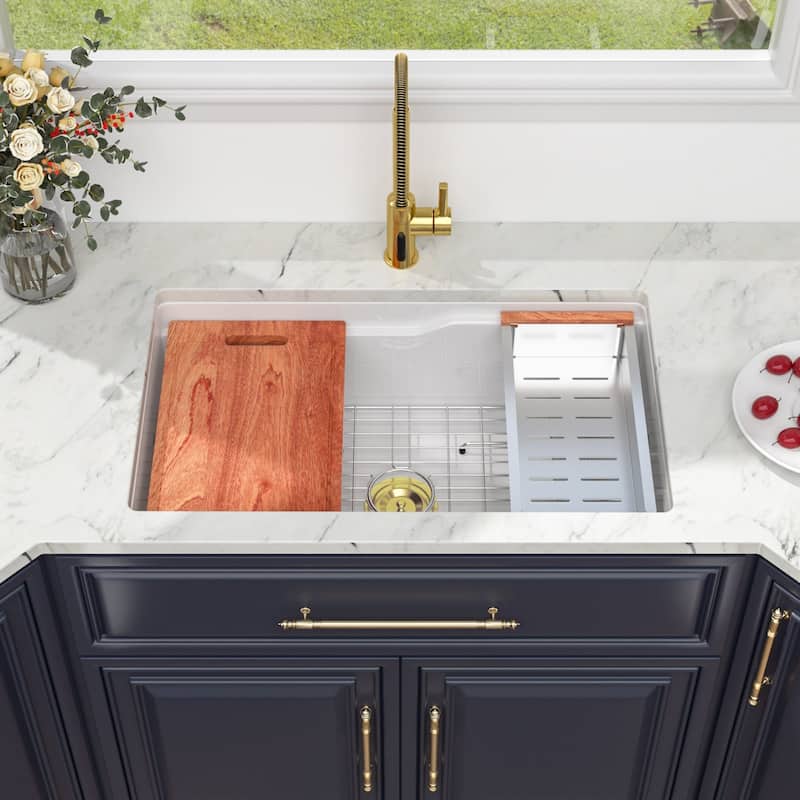 Kichae 32 Inch Ceramic Sink Undermount Workstation Single Bowl Kitchen Sink with Accessories - 32 in.W x 19 in.D x 10 in.H