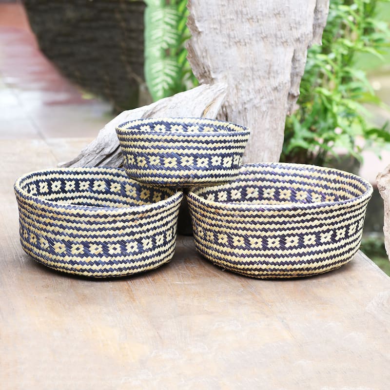 Novica Handmade Bali Weave In Black Natural Fiber Baskets (Set Of 3)