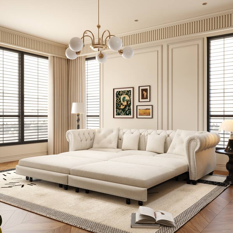 89" Chesterfield Pull Out Sofa Bed - Velvet 3-in-1 Convertible Sleeper with Chaise & Ottoman, King Size Sleeper Sofa