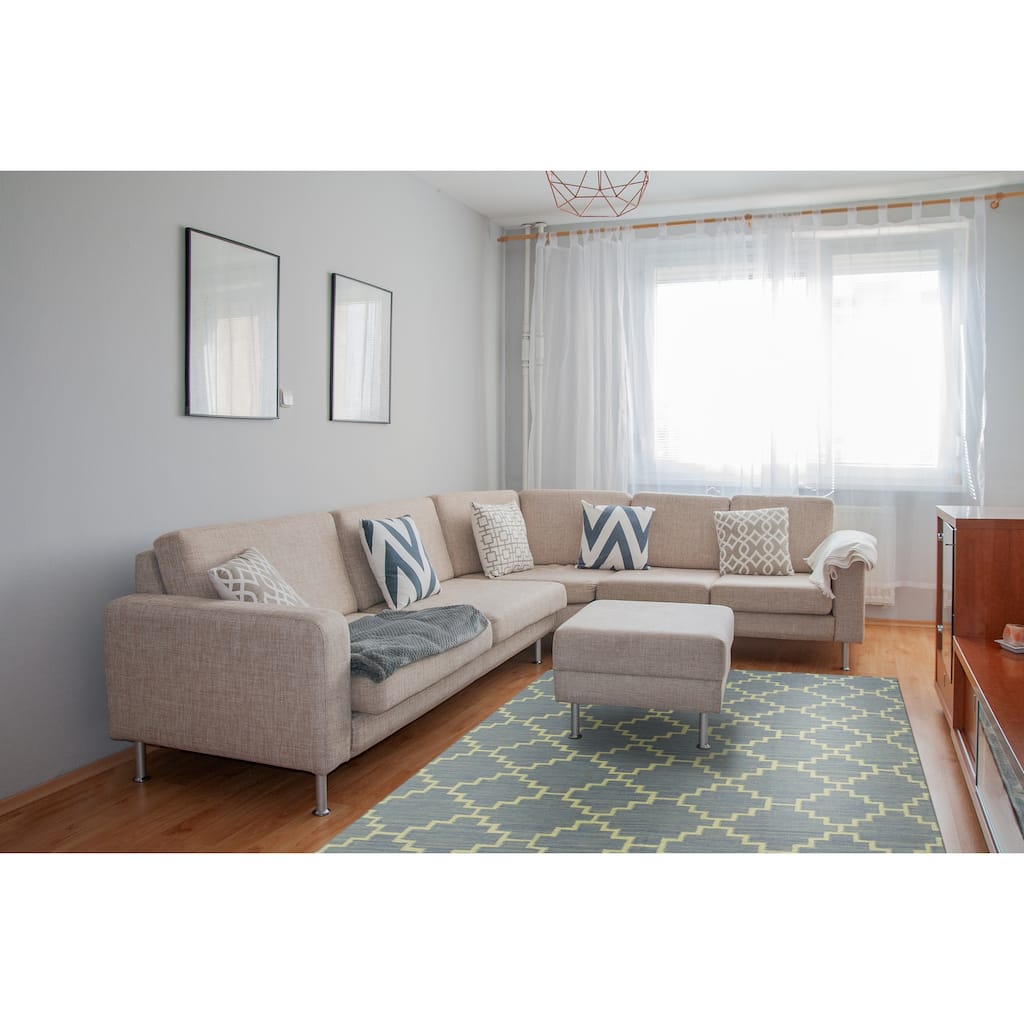 Handmade Wool Blue Contemporary Trellis Flatweave Reversible Moroccan Rug(8' x 10') - 8' x 10'