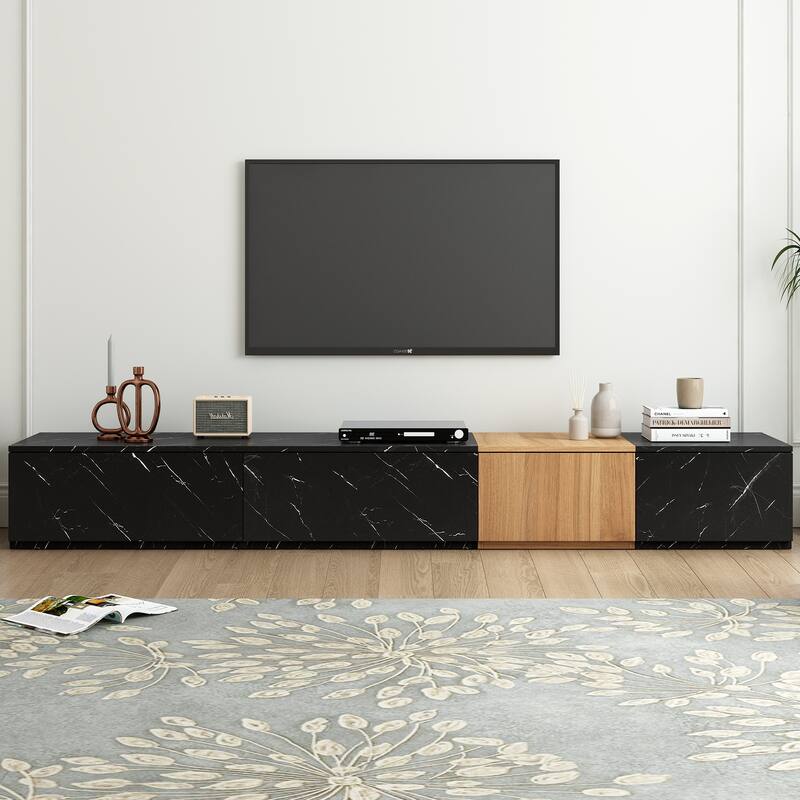 Modern TV Stand, for TVs Up to 88'' with Faux Marble and Walnut Wood Grain, 4 Storage Drawers, for Living Rooms, Black - Black