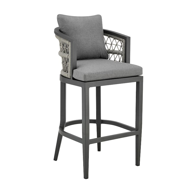 Zella Outdoor Patio Counter Stool in Aluminum with Rope and Cushions