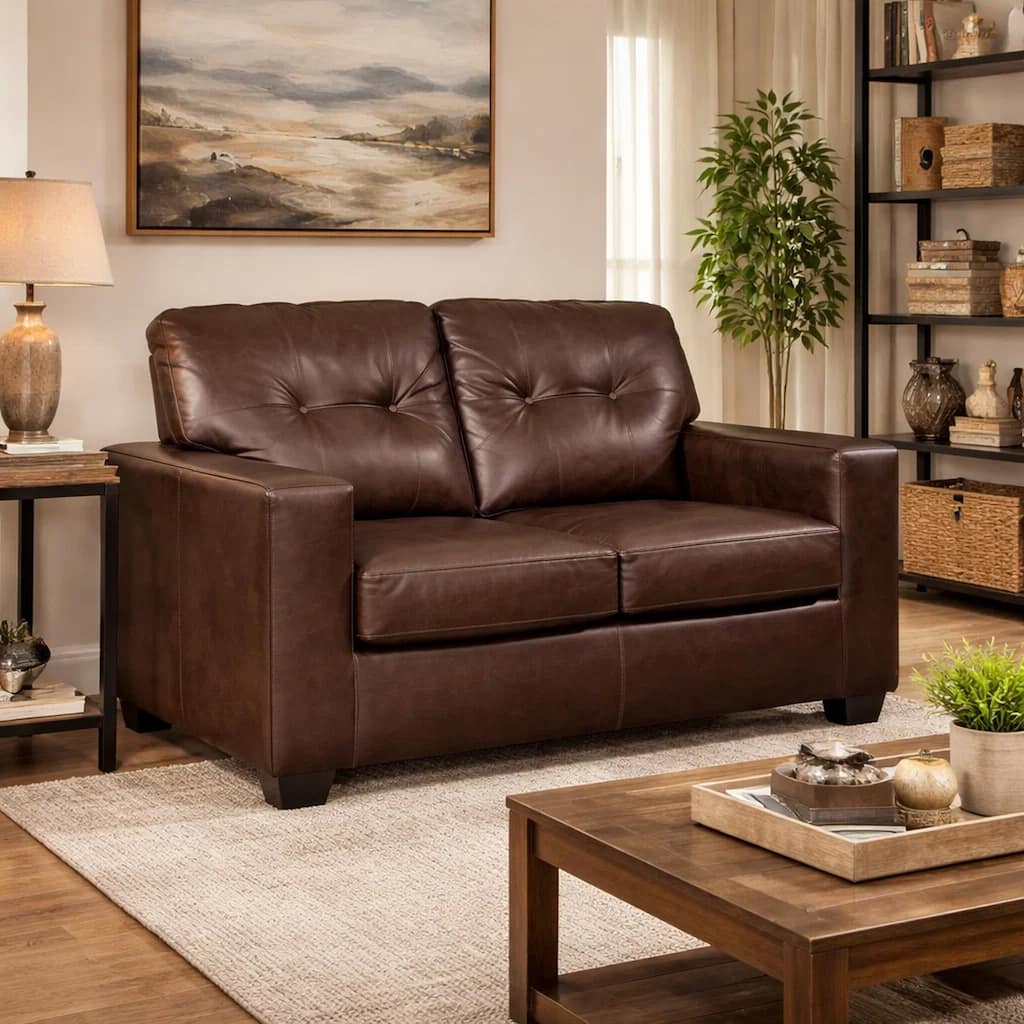 Orion Loveseat, Dark Brown Tufted Real and Faux Leather Seats, 62 Inch