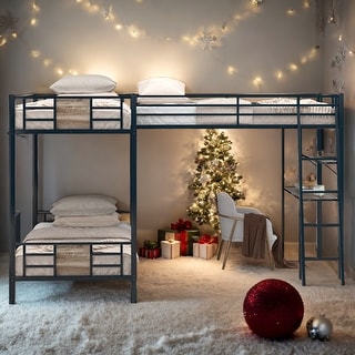 Twin Over Twin L-Shaped Bunk Bed With Twin Size Loft Bed,Desk,Shelves for Home