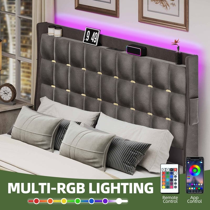 Moasis King Size Velvet Platform Bed with 4 Drawers,Bed Frames with RGB Light & Built-in Charging Station