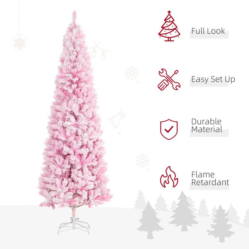 Pink Snow Flocked Pencil Christmas Tree Indoor Slim Space Saving Artificial Tree with Hinged Branches and Steel Base