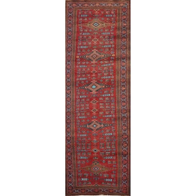 Hand Knotted Oriental 100% Wool Carpet Traditional Tribal Red Heriz Runner Rug - 13' 1'' X 3' 8''
