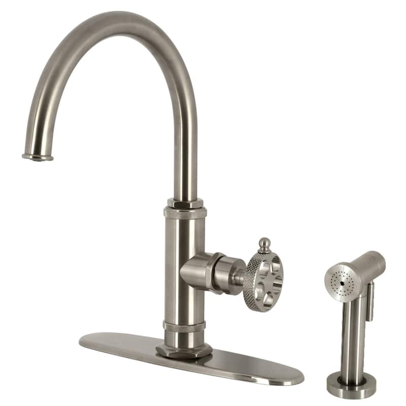 Kingston Brass Webb Single-Handle 1-Hole Deck Mount Kitchen Faucet with Knurled Handle and Brass Side Sprayer - Brushed Nickel