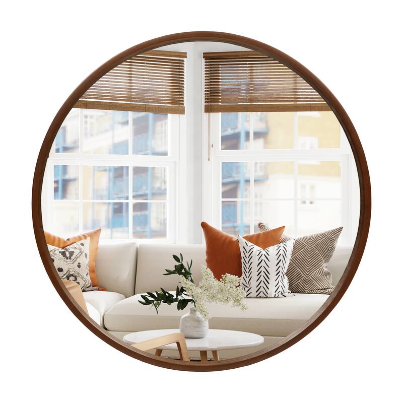 High Quality Wooden Frame Farmhouse Traditional Style Round Wall Mirror - 32 inches - Satin Walnut