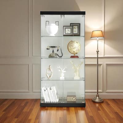 4-Tier Double Door Glass Display Cabinet with Locks and LED Lights, Tempered Glass Showcase for Collectibles and Storage