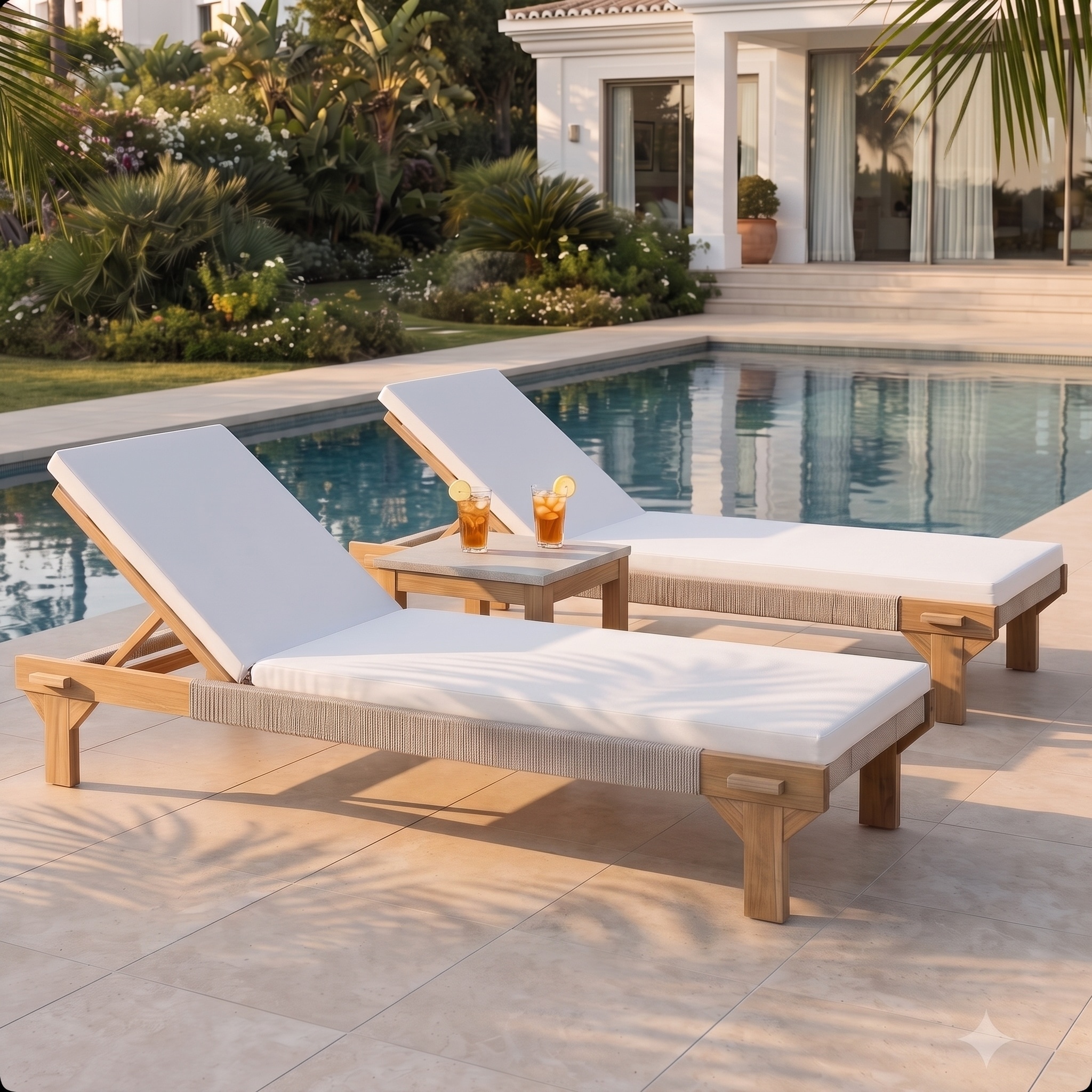 Christopher Knight Home - Set of 2 Acacia Wood Chaise Lounge with Water Resistant Cushion Adjustable Backrest and Rope Accents