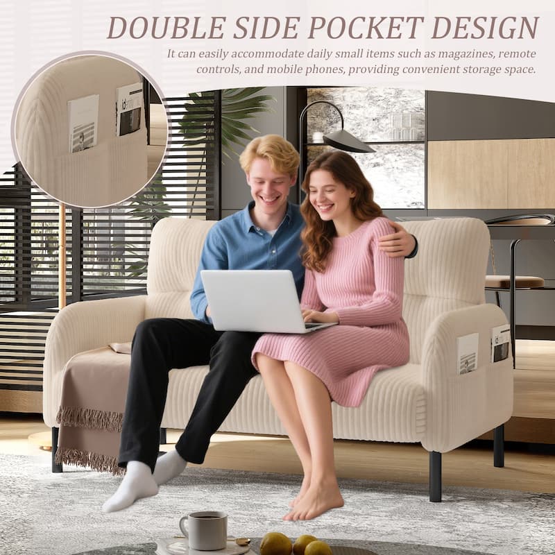 HOMEFUN Corduroy Upholstered Tufted Comfortable Wood Frame Loveseats Sofa with Double Side Pocket