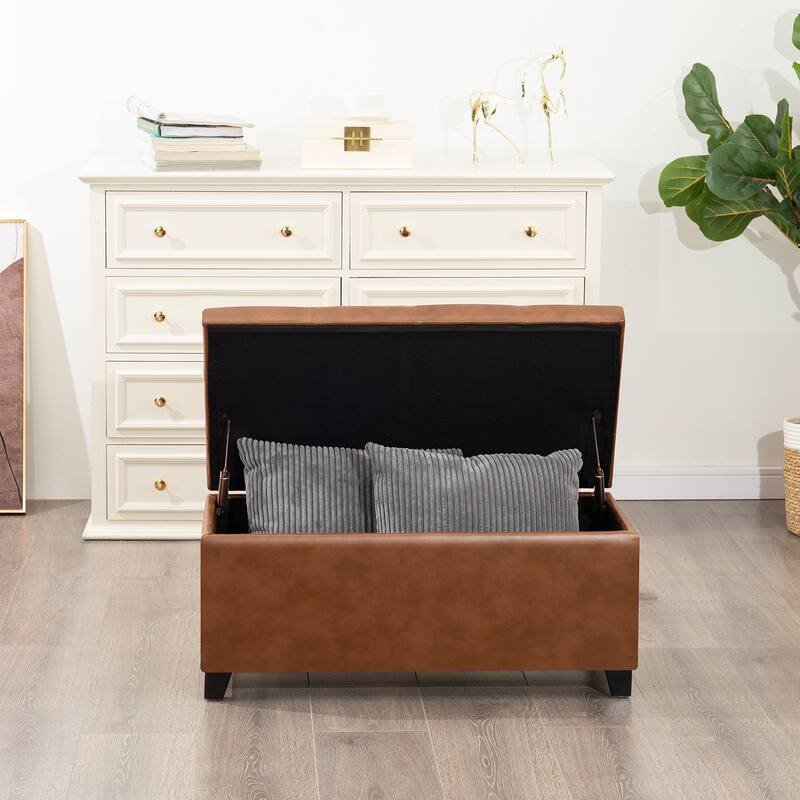 Adeco 31" Faux Leather Tufted Storage Ottoman Bench - 30.7"X15.5"X15.1"