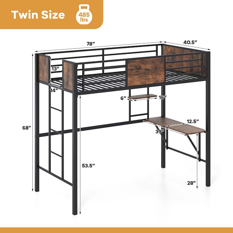 Gymax Twin Loft Bed w/ Desk Heavy-Duty Metal Bed Frame w/ Safety