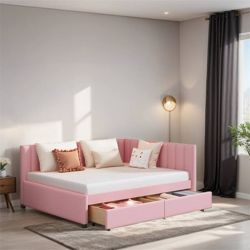 Full Size Upholstered Daybed with 2 Storage Drawers Sofa Bed Frame