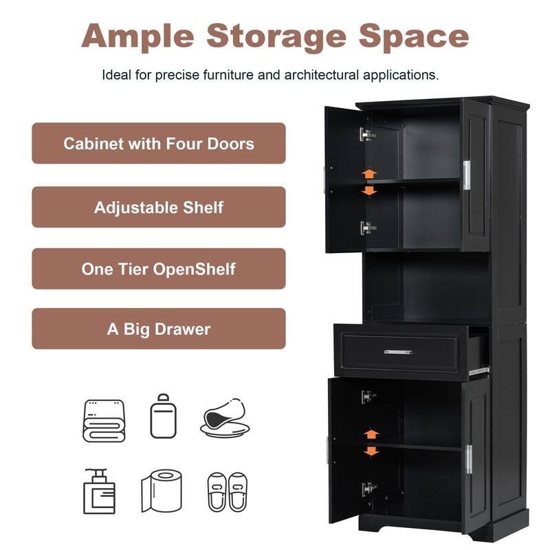 Tall Bathroom Storage Cabinet with 4 Doors and 1 Drawer, Freestanding Bathroom Floor Cabinet w/Open Storage & Adjustable Shelves