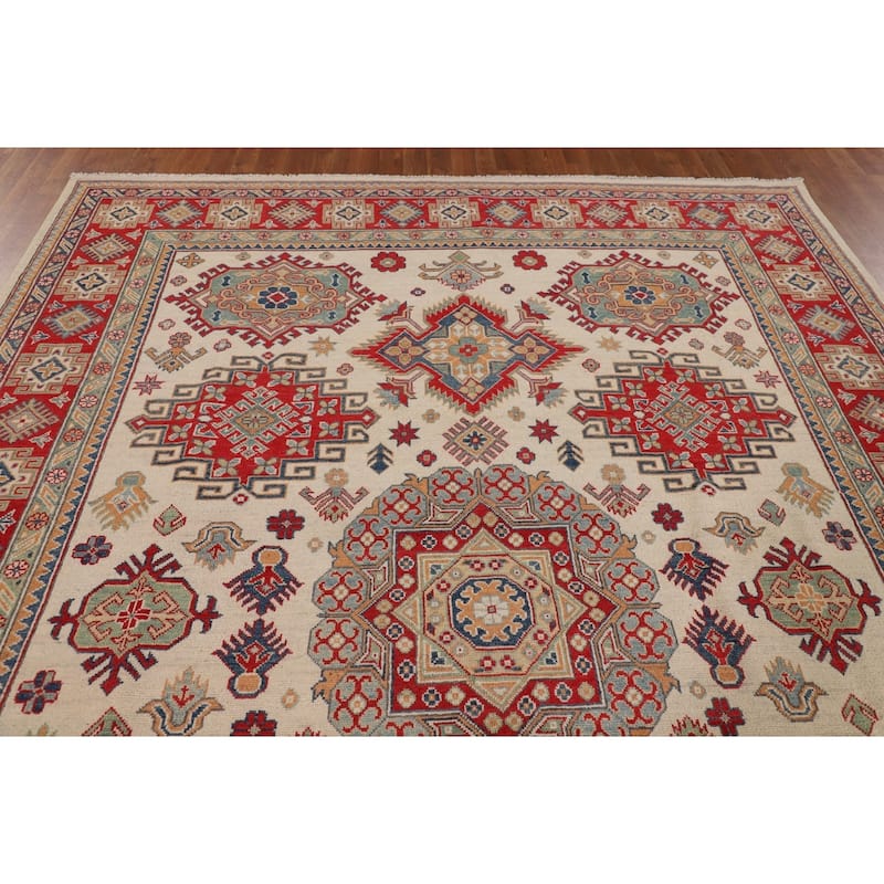 Ivory Geometric Kazak Oriental Area Rug Handmade Wool Carpet - 8'0" x 10'3"