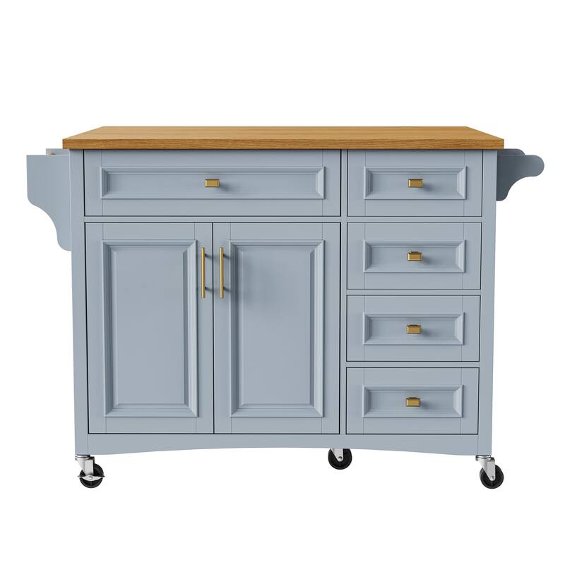 Kitchen Island on Wheels with Spice Rack, Towel Rack, 2 Doors and 5 Drawers, Kitchen Storage Cart with Adjustable Shelf