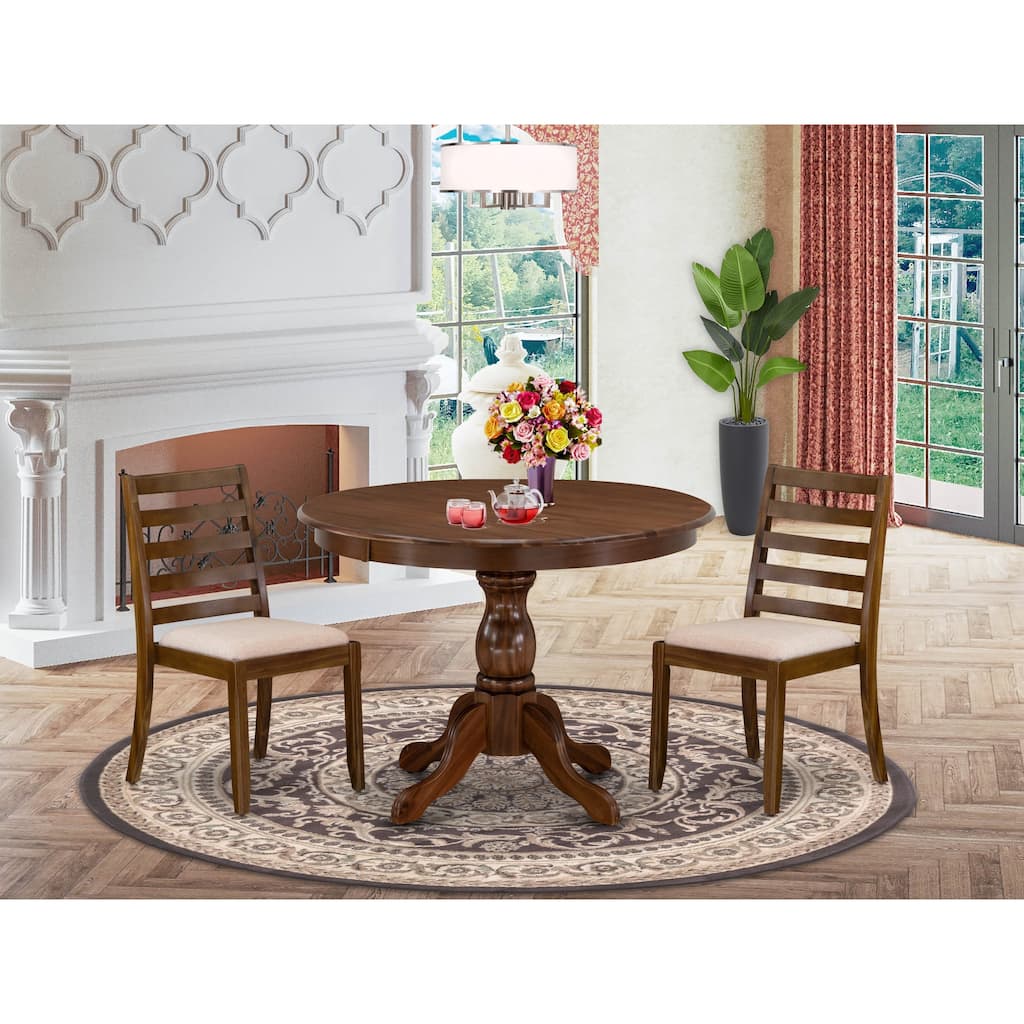 East West Furniture Dining Table Set consists of a Round Table and stackable Chair, Antique Walnut (Pieces & Seat Options)