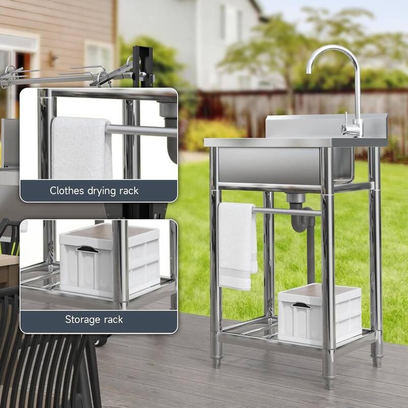 Free Standing Stainless Steel Utility Sink, Commercial Single Bowl Sink Set with Faucet