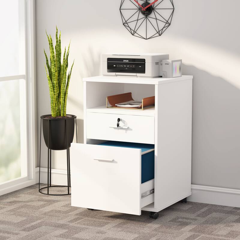 2 Drawer Mobile File Cabinet with Lock, Wood Modern Filing Cabinet - All White