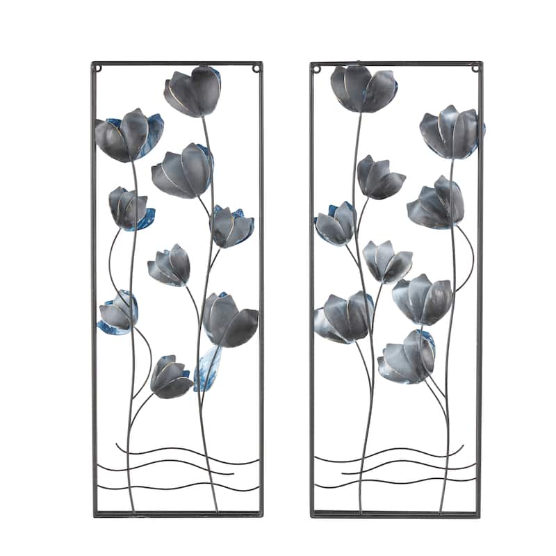 Blue Metal Floral Living Room Wall Decor with Black Metal Stems and Frame (Set of 2)