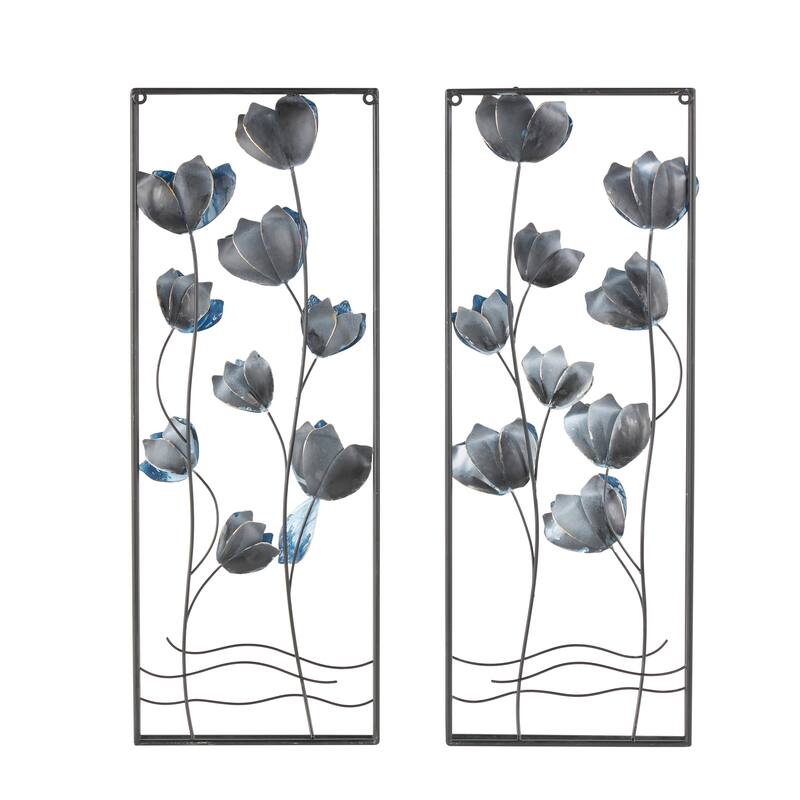 Metal Floral Living Room Wall Decor with Black Metal Stems and Frame - Set of 2 Blue - Roche River Decor