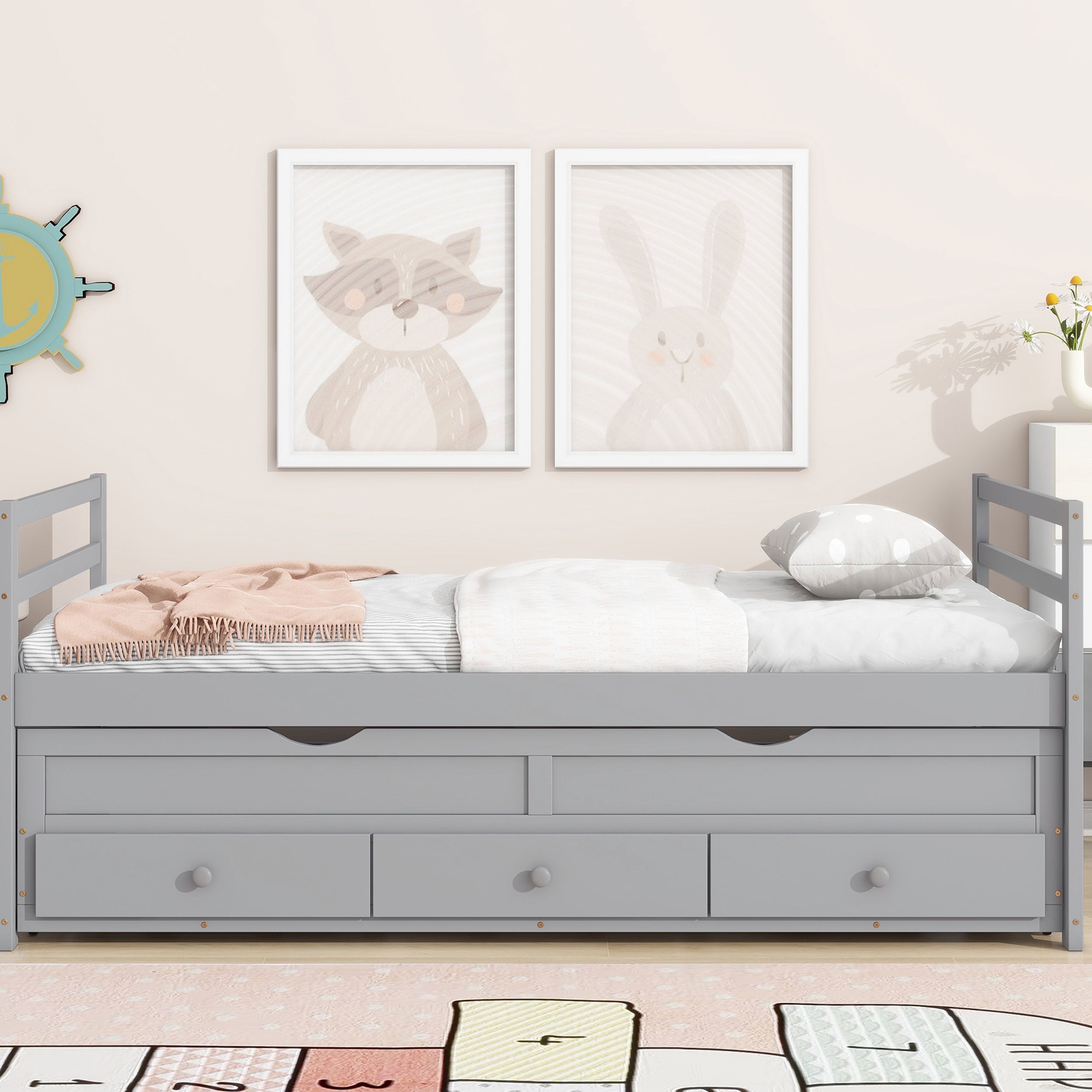 Twin Bed with Trundle and Storage Drawers - Classic Design, Solid Pine Wood with Headboard & Footboard