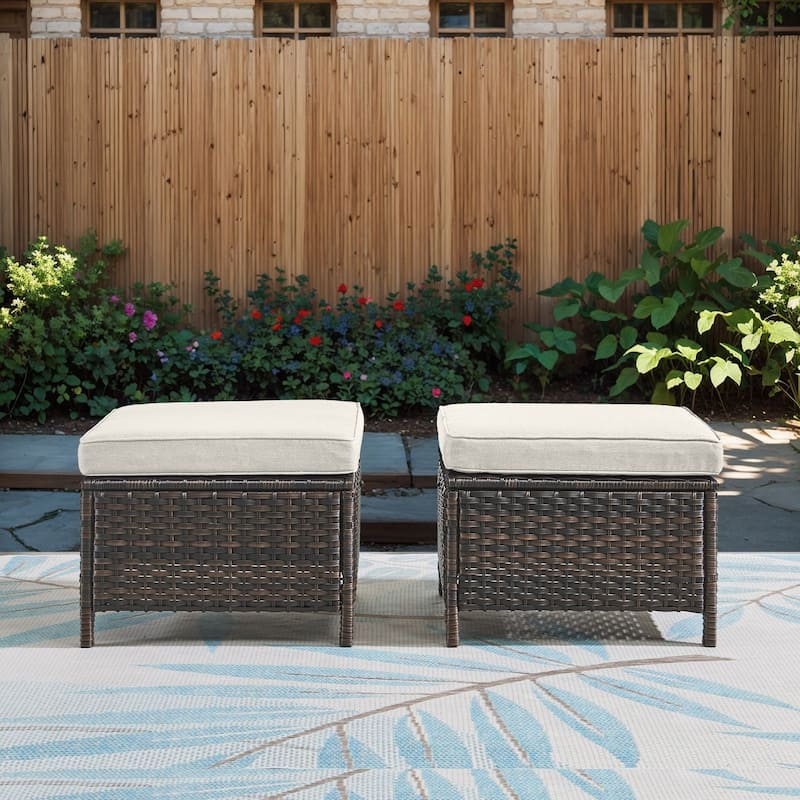 Outdoor Patio Footstool Ottomans with Cushion Brown-Beige - Brown - Beige - Brown