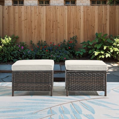 Outdoor Patio Footstool Ottomans with Cushion Brown-Beige - Brown