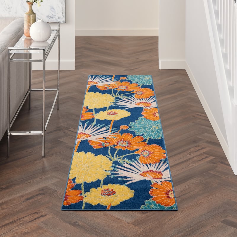 Nourison Allur Botanical Floral Area Rug - 2'3" x 7'6" Runner - Navy Multicolor - Rectangle