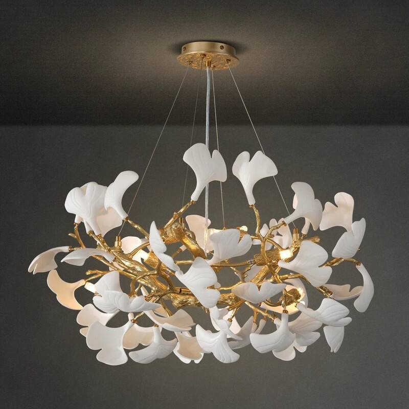 KAYLA Modern Gold Tree Branch Ginkgo Leaf Chandelier - 55" Rectangle Ceramic & Aluminum Design