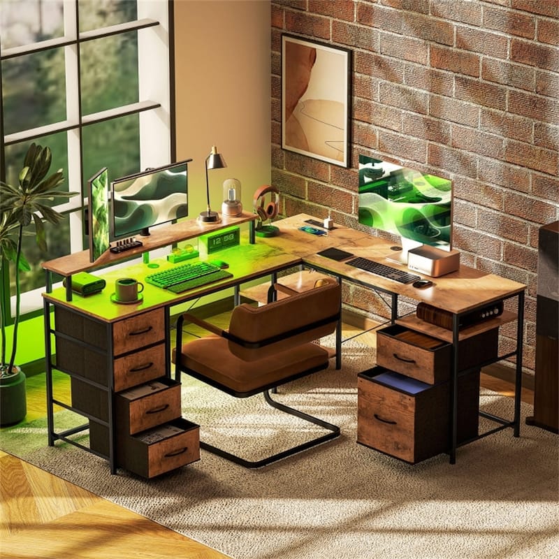 L Shaped Gaming Desk with RGB LED Light USB Charging Ports Storage Drawers and Ergonomic Monitor Stand Sturdy Office