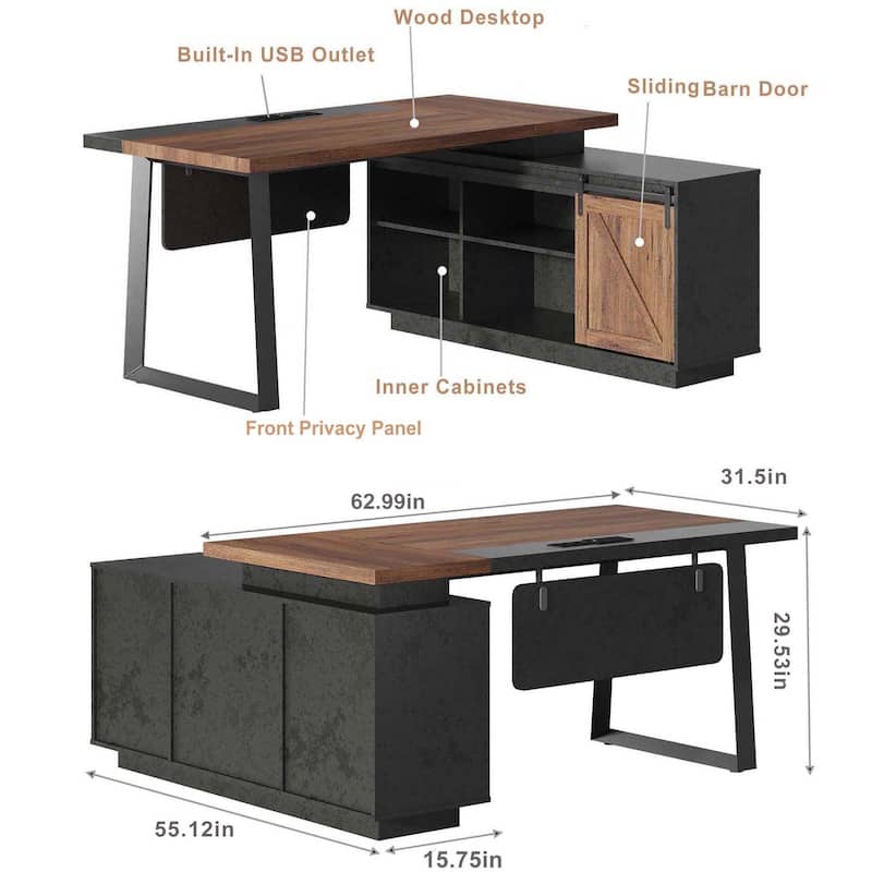 62.99" L-Shaped Executive Desk with Sliding Barn Door Storage Shelves Built-In USB Outlet