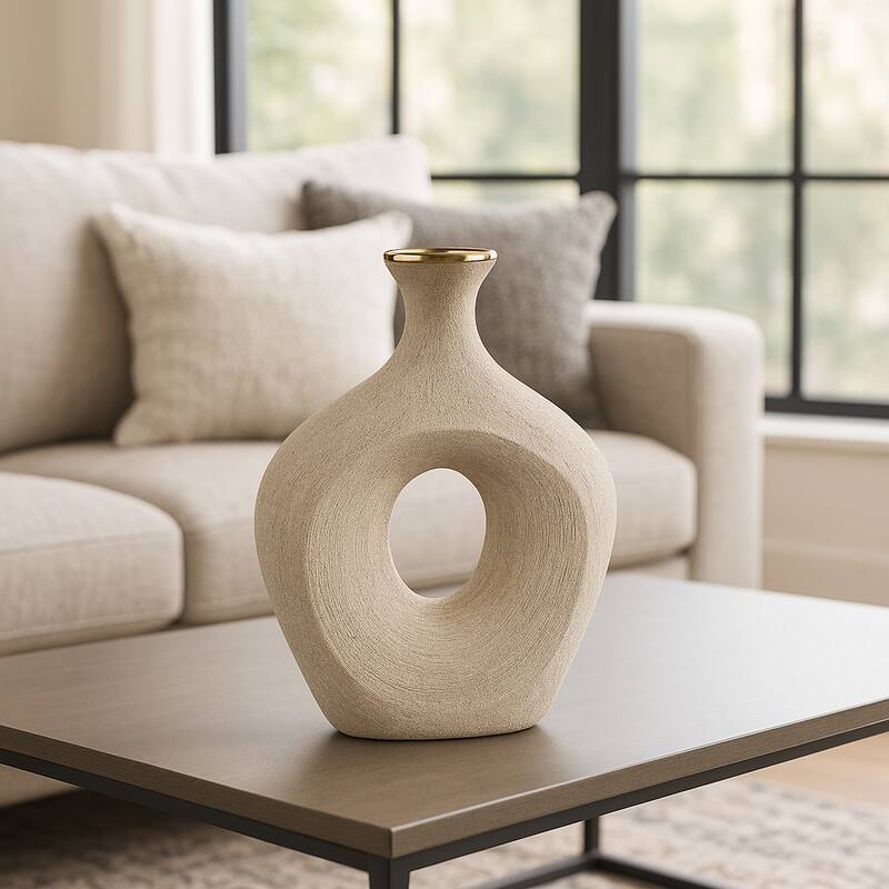 Modern Ceramic Textured Oval Cut-Out Vase - Home Decor - 13"