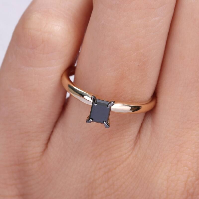 Miadora 1/2ct TDW Emerald-cut Black Diamond Solitaire Engagement Ring in 14k Yellow Gold