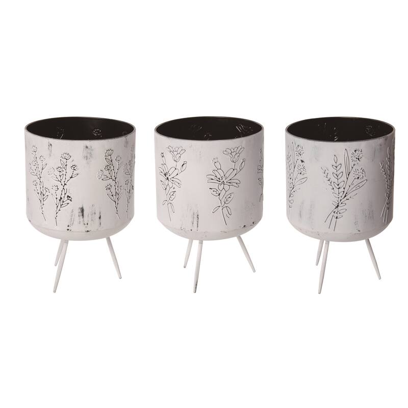 Transpac Metal 12" White Spring Flower Sketch Planters Set of 3