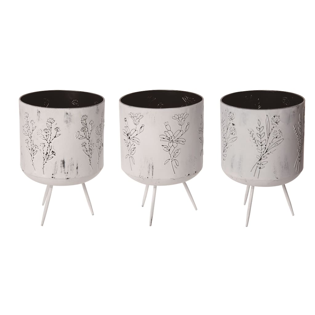 Transpac Metal 12" White Spring Flower Sketch Planters Set of 3