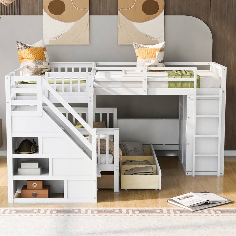 L-Shaped Twin Over Full Bunk Bed with Drawers, Desk, and Wardrobe, White
