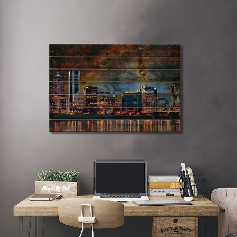 Portland, Oregon Elephant's Trunk Nebula Skyline Print On Wood by 5by5collective - Multi-Color