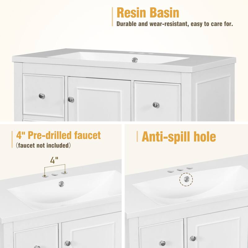36" Modern White Bathroom Vanity with Resin Sink, 4 Drawers, Soft-Close Hinges, Adjustable Shelves - 18in L Solid Wood+MDF+Resin