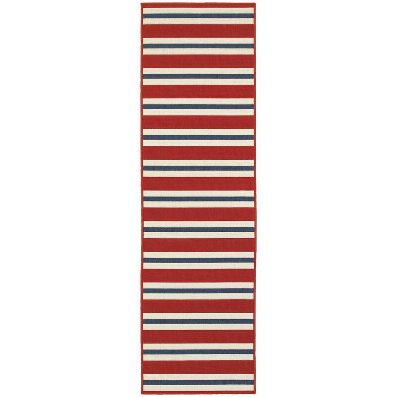 Style Haven Martinique Horizontal Multi-Striped Area Rug - 2'3" x 7'6" Runner - Brick Red/Blue
