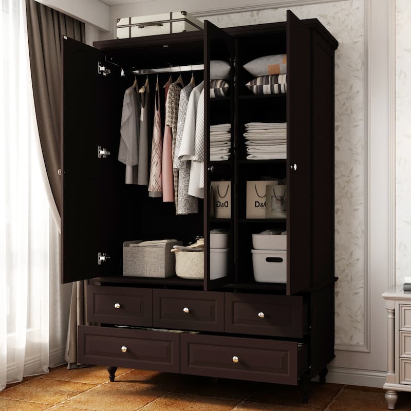 3-Door Wardrobe Armoire with Mirror, 70.9" Tall Freestanding Closet Cabinet Storage Wardrobe for Bedroom