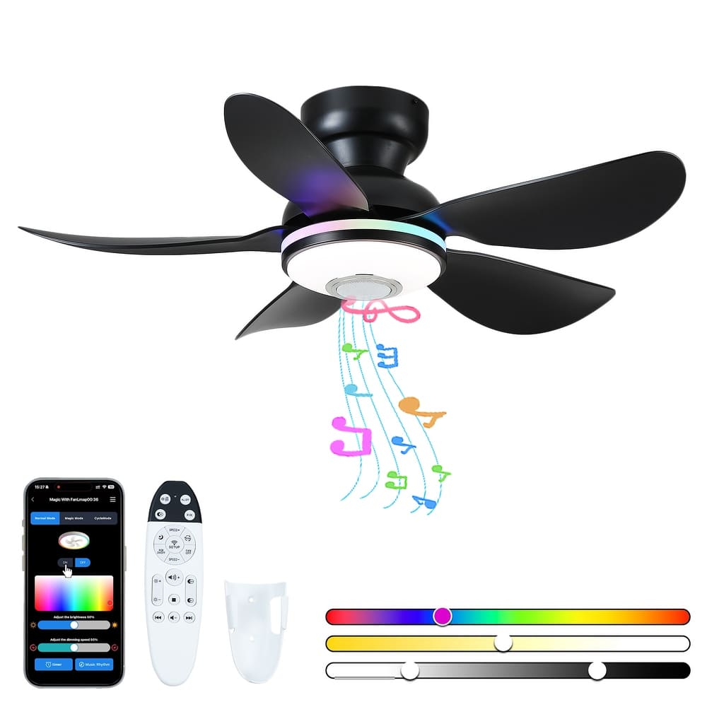Kviflon 36/46 inches RGB Flush Mount Ceiling Fan with Light and Remote and Speaker