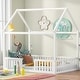 preview thumbnail 1 of 12, Full Size Kids House Bed Frame with Roof, Openable Door & Guardrail, Distressed White Wooden Playhouse Style Platform Bed White