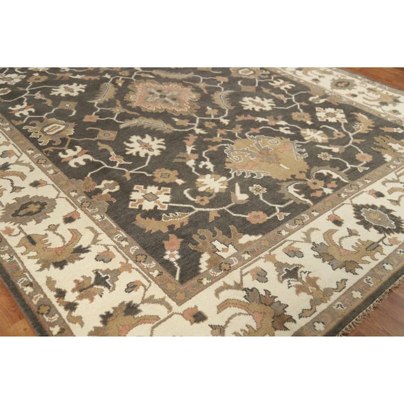 Brown Floral Oushak Indian Area Rug Hand-Knotted Wool Carpet - 9'3" x 12'0"