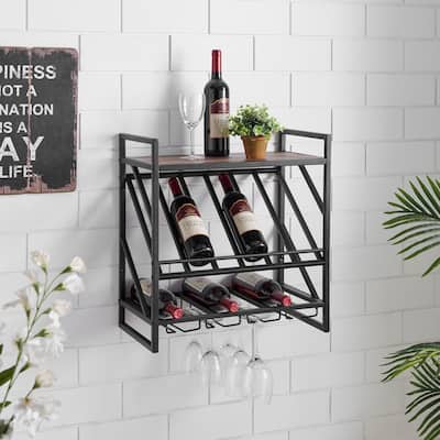 Industrial Wall Mount Metal Wine Rack with Shelf and Stemware Rack