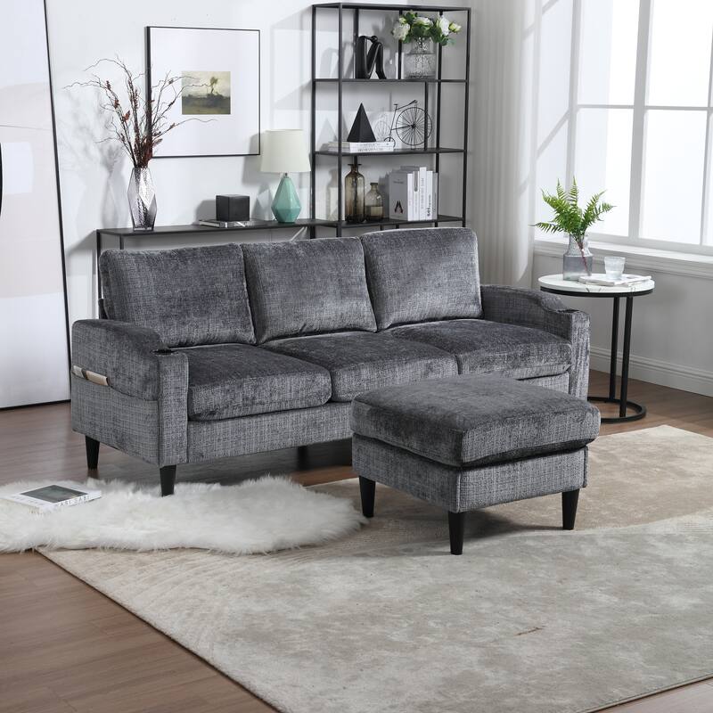 Modular Sectional Sofa with Storage Ottoman, Comfy Chenille Fabric Sofa, 3-Seater Sofa with Side Pockets & 2 Cup Holders