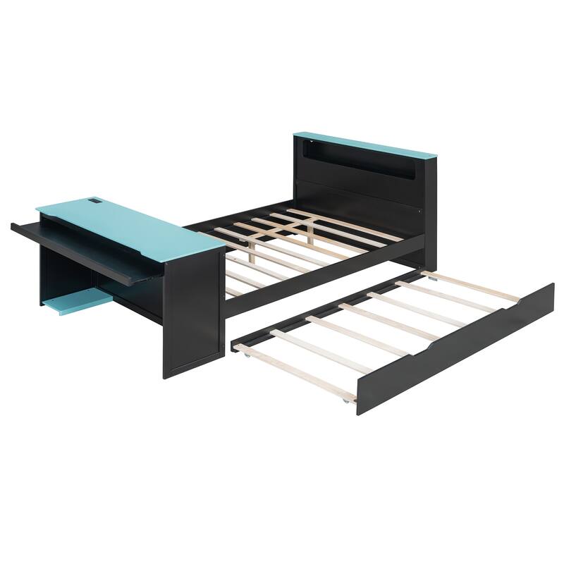 Wood Daybed with Trundle & Built-in Desk, LED Lights & USB Charging Port, Available in Full or Twin