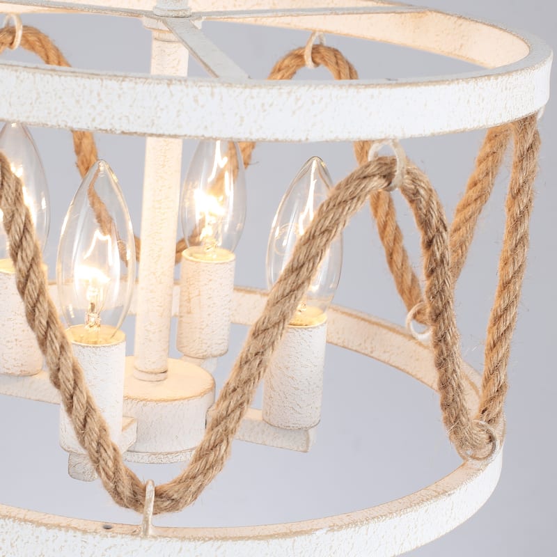 4-Light Drum-shaped Chandelier with Hemp Rope for Kitchen Living Room